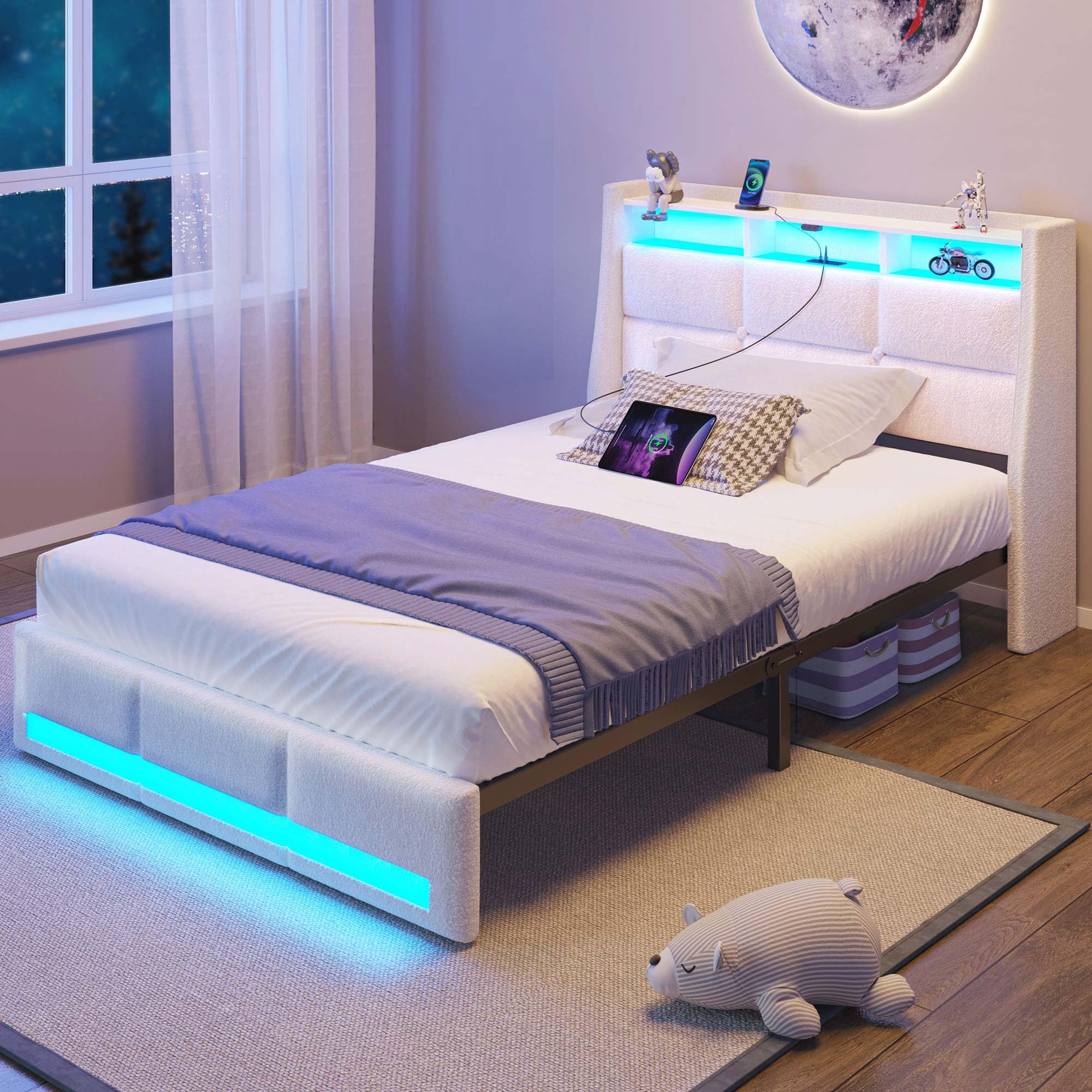 Rolanstar Twin Size Bed Frame with LED Lights and Charging Station, Upholstered Headboard with 2-Tier Storage Shelves, Heavy Duty Metal Frame, Noise-Free Support, Easy Assembly, No Box Spring Needed Image