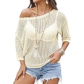 Zeagoo Womens Summer Tops Crochet Sweaters Resort Wear 3/4 Sleeve Hollow Out Knit Tops 2026 Beach Coverup