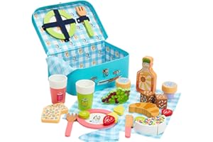 8th Wonder Wooden Bluey Toys Picnic Carrying Case, 30-Piece Picnic Basket Toy with Cutlery and Food Accessories, Outdoor Food Toys for Kids of Ages 3+