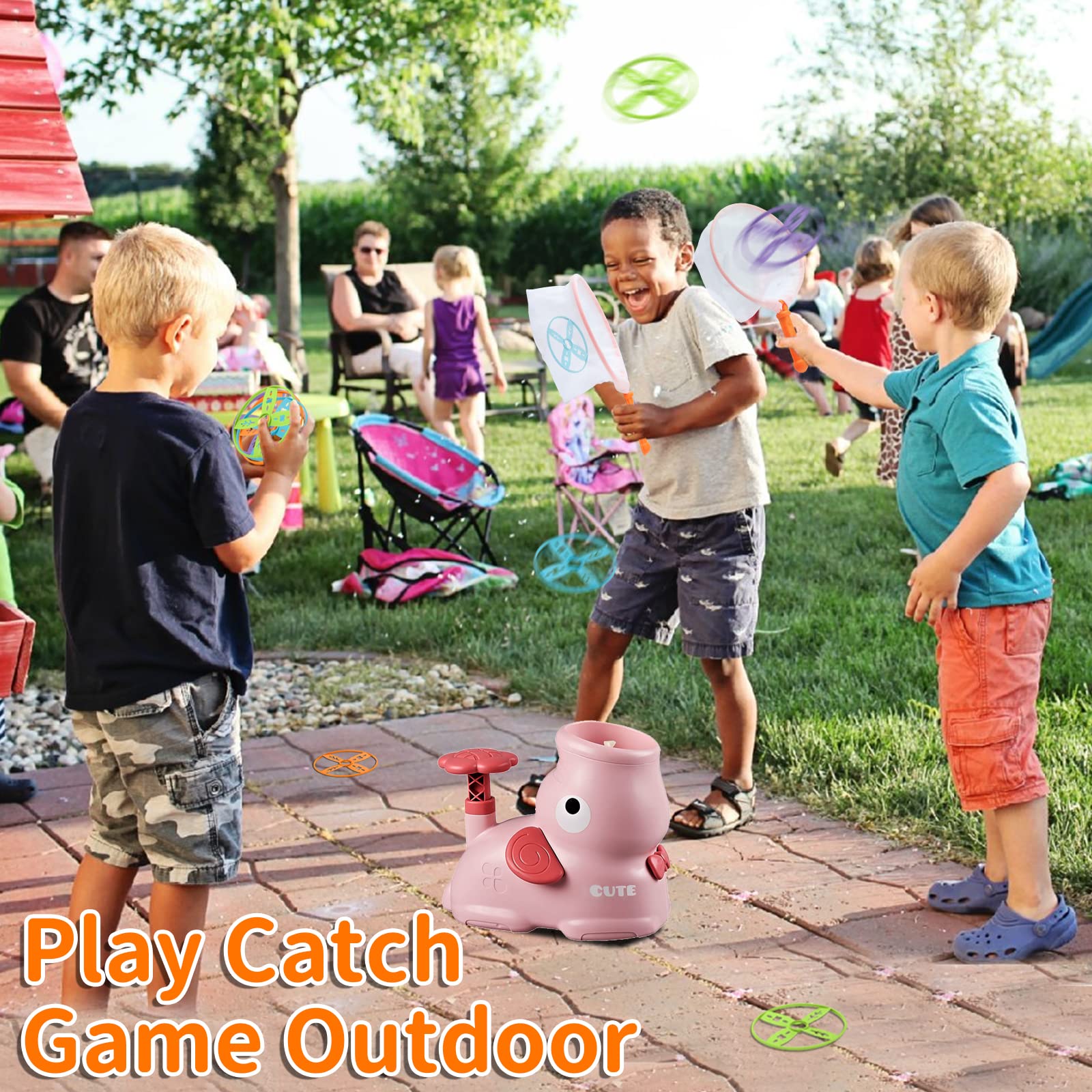 Outdoor Toys for Kids Ages 4-8, Flying Disc Launcher with 8 Discs and 2 Net Pockets - Perfect for Birthdays, Christmas, New Year (Pink)