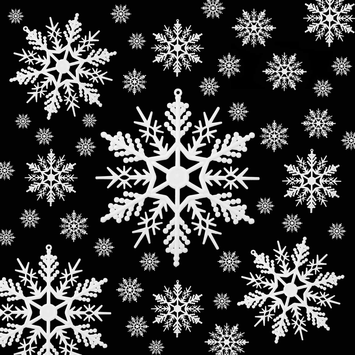 Photo 1 of 110 Pieces Tmflexe Plastic White Snowflakes Ornaments for Christmas Decoration 6 Size DIY Art Crafts Christmas Decoration Ornaments Assorted Sizes