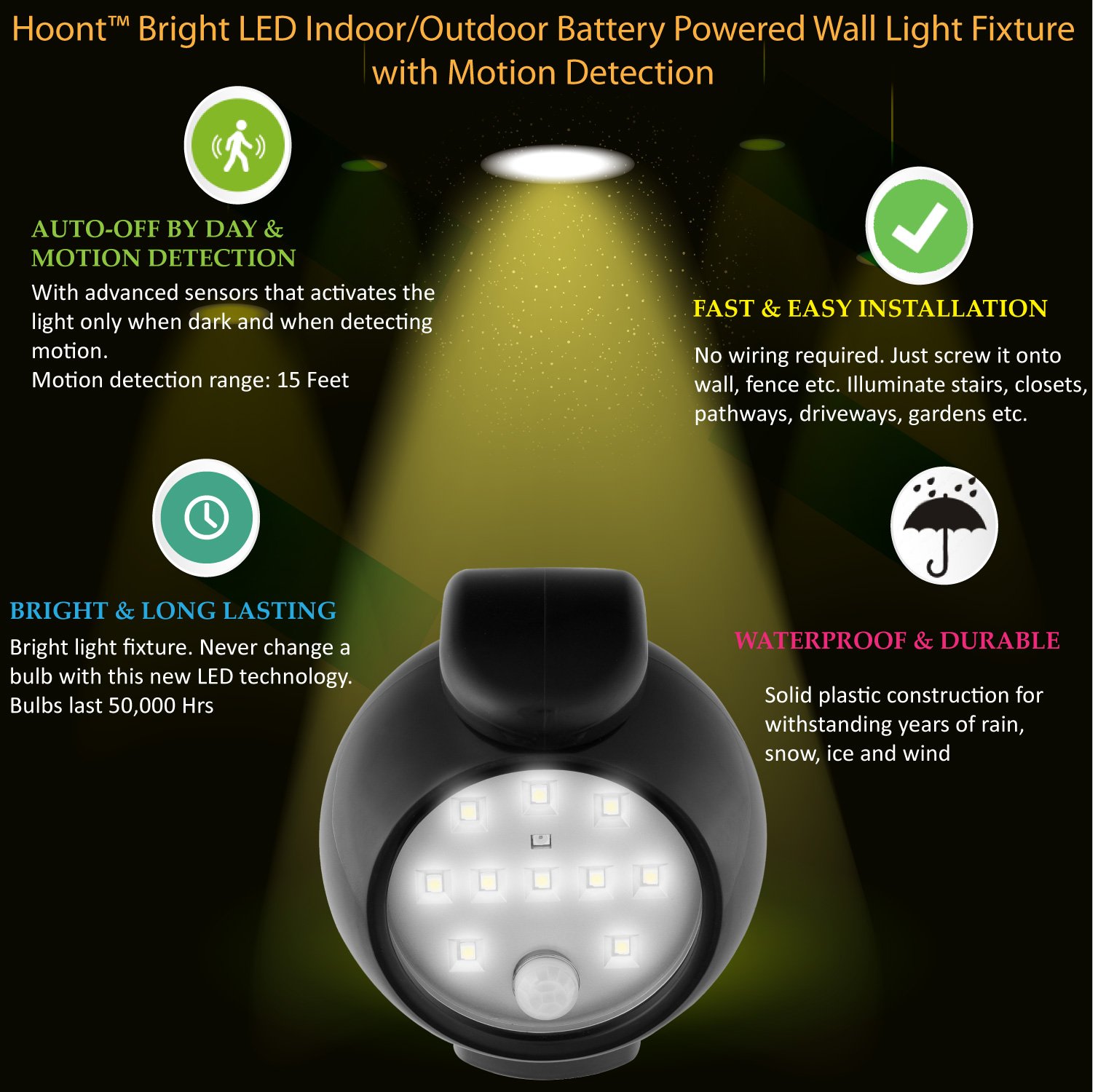 Hoont Bright LED Indoor/Outdoor Battery Powered Wall Light Fixture with