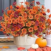 ICX 12pc Artificial Fake Mums for Outdoors,Silk Fake Mums Flowers, Fall Flowers Artificial for Decoration,Outdoor Fake Plants for Door Porch Patio Planter Yard(Orange+Fuchsia)