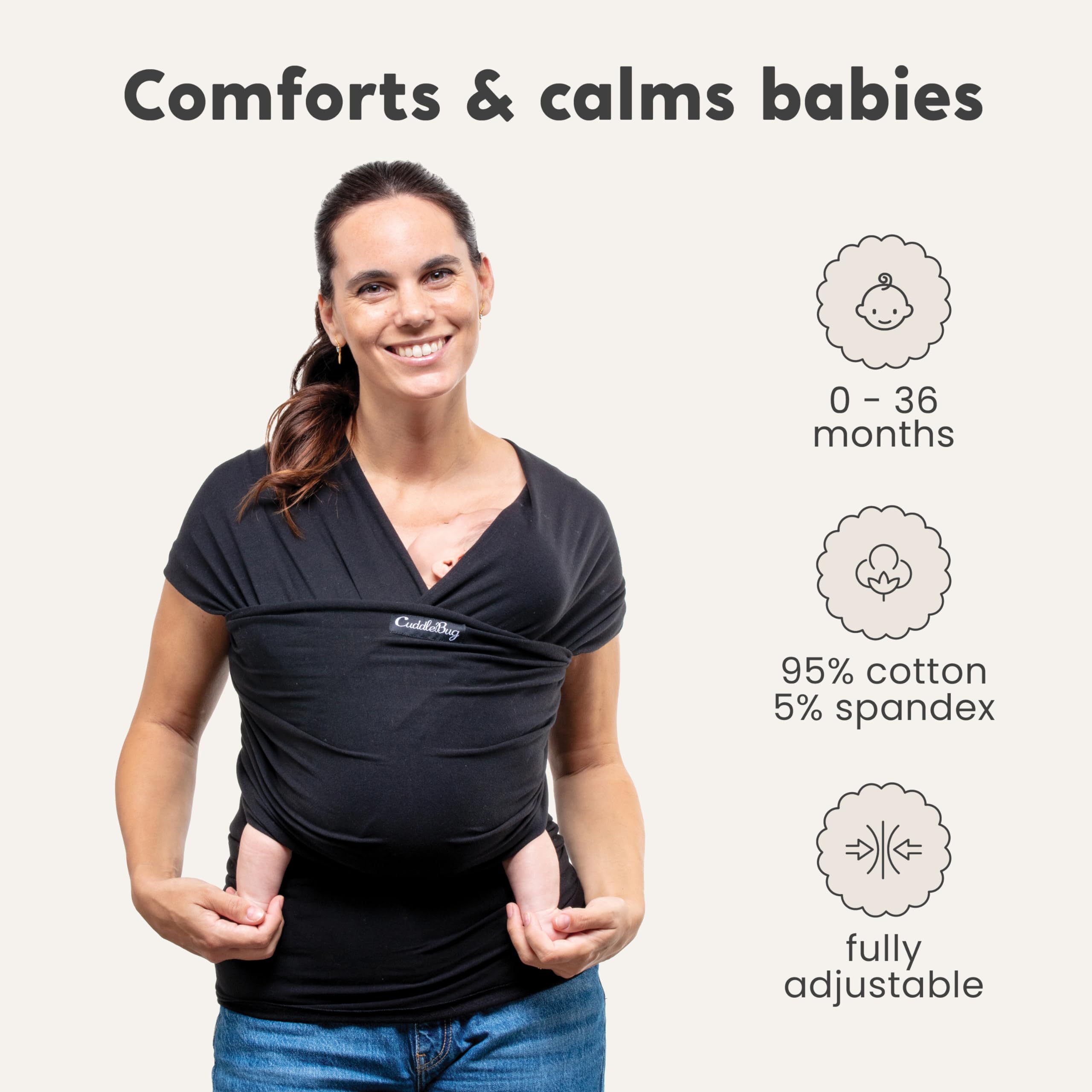 CuddleBug Hands-Free Baby Carrier - Soft & Stretchy Wrap for Newborn to Toddler 7-35 lbs - One-Size-Fits-All Hip-Healthy Holder (Black)