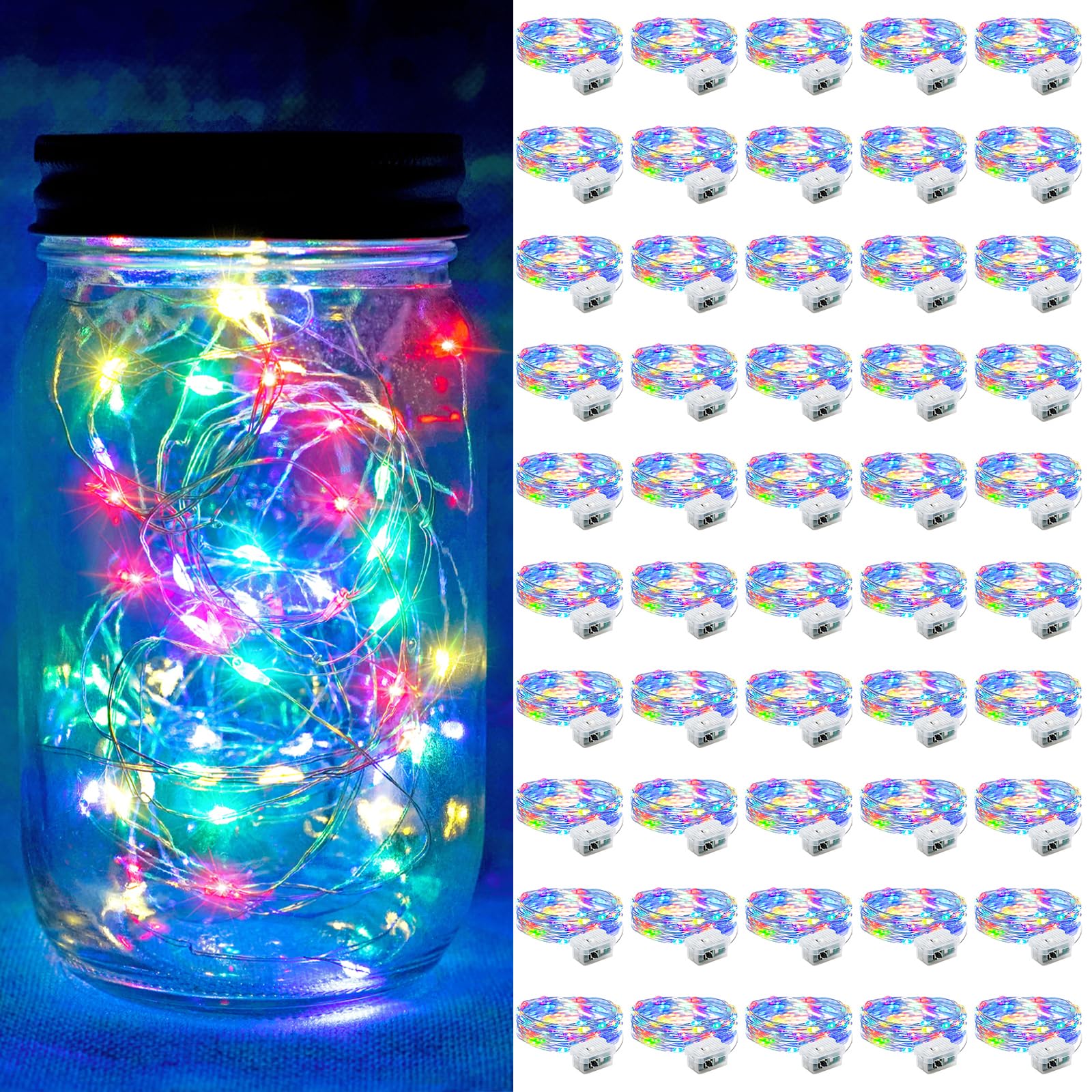 chzk 50 Pack Fairy Lights 7Ft 20 LED Twinkle String Lights 3 Modes Battery Operated Waterproof Firefly Starry for Mason Jar Party Wedding Christmas Valentines Day Table Centerpieces,Multicolor Image