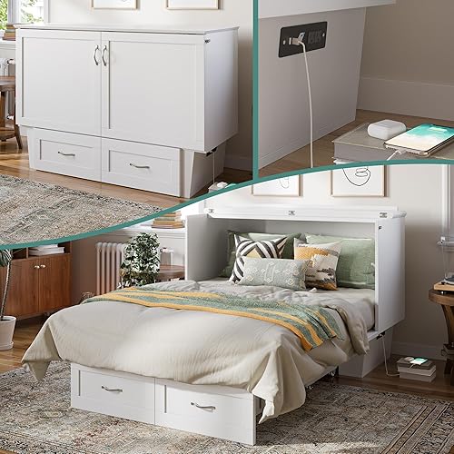 AFI, Monroe Full Murphy Bed Chest with 6" Mattress, Storage Drawer & Built-in USB Charger, White