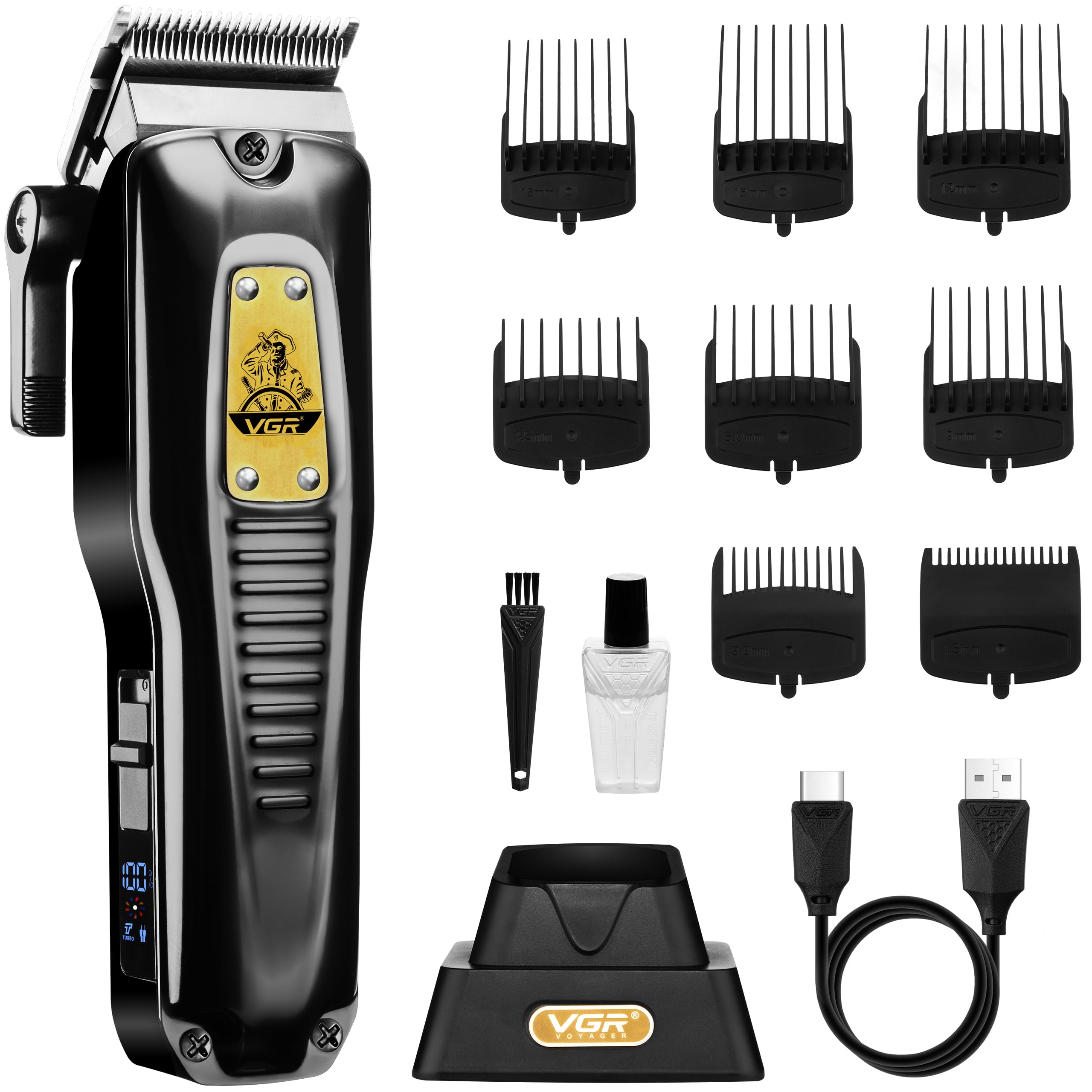 VGR Cordless Hair Clippers for Men with Taper Lever and Turbo Mode - Professional Mens Hair Cutting Kit with Ceramic Blades - Rechargeable