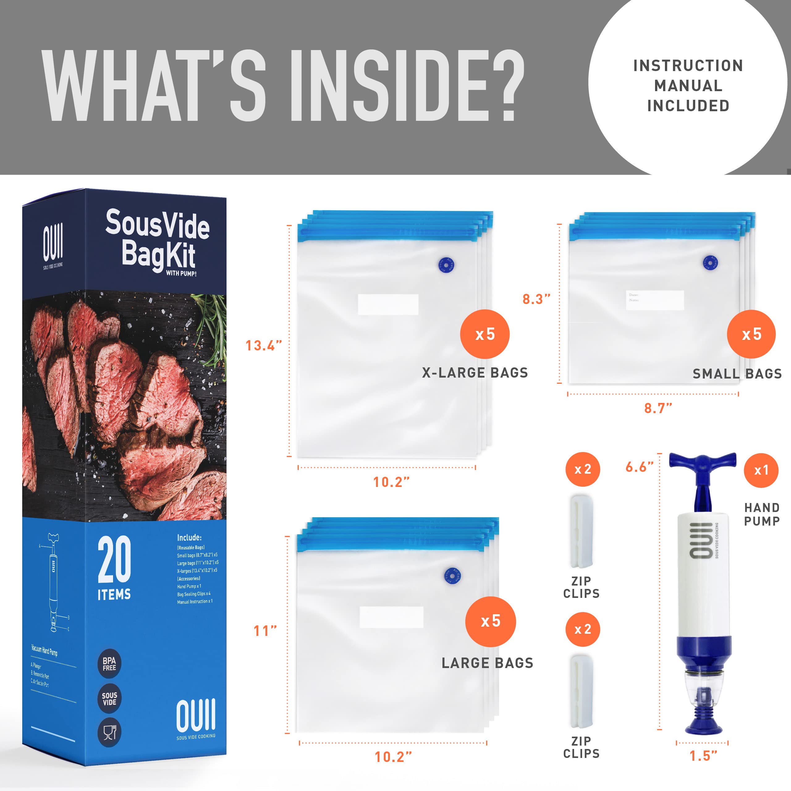 Sous Vide Bags for Joule and Anova Cooker - 20 Pieces Kit with Vacuum Sealer Bags, Hand Pump, Clips - 3 Bag Sizes, Food Storage, Meal Prep - Fits Any Sous Vide Cooking Machine