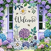 Welcome Door Banner Decorations Hello Spring Summer Door Cover Blue Hydrangea Butterfly Floral Flower Porch Banner Sign Photo Background for Spring Summer Welcome Party Indoor Outdoor Decorations
