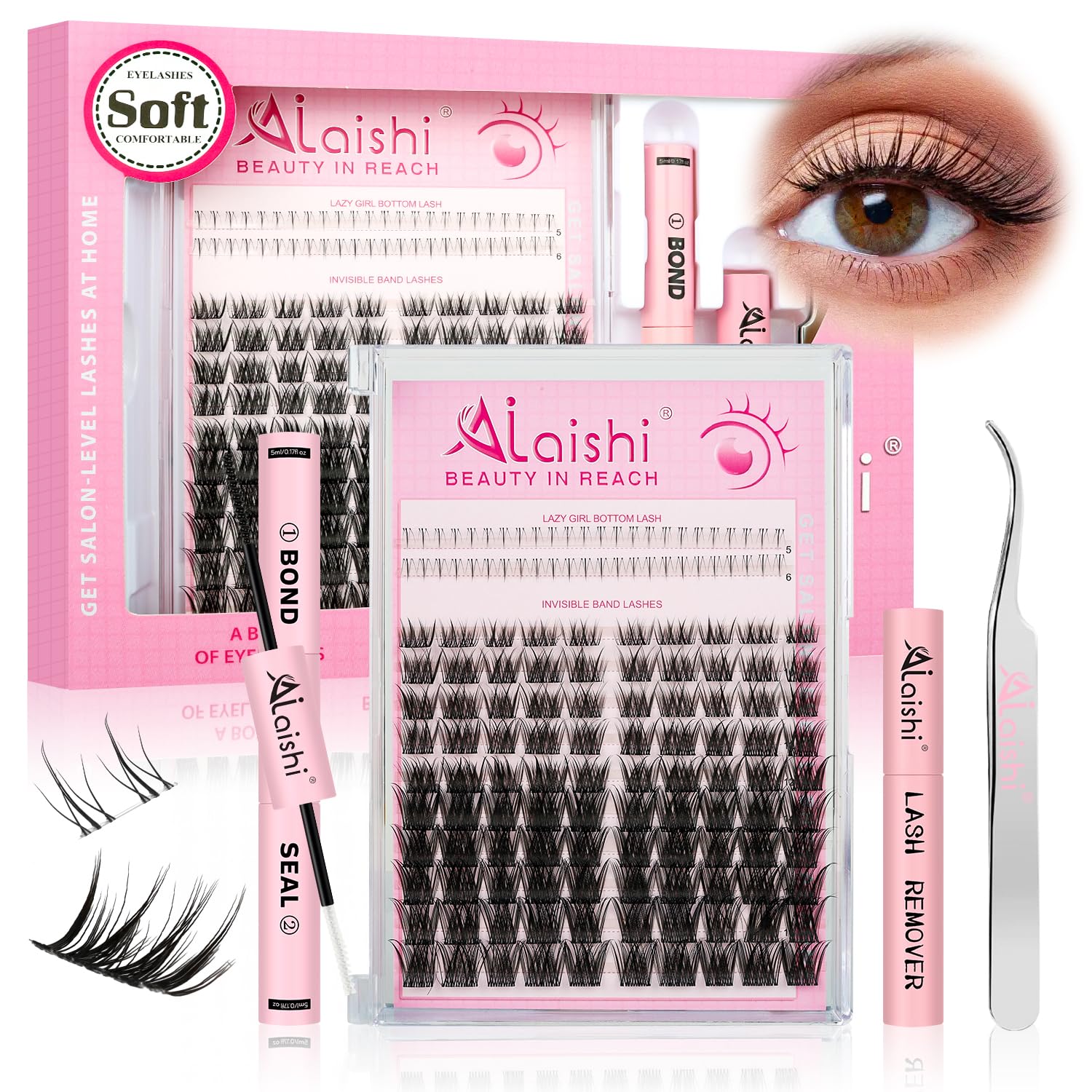 Photo 1 of AILAISHI Lash Clusters Kit, DIY Cluster Eyelash Extensions 5?16mm,124pcs Fluffy D Curl Natural Lashes with Bond and Seal,Remover, Tweezers–Natural Fake Cat Eye Individual Manga Clusters 1-3-L