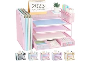 Gugsey Desk Organizer with File Holder, 5-tier Paper Letter Tray File Organizer with Drawer and Pen Holder, Desk Accessories & Workspace Organizers for Office Decor School Supplies Storage(Pink)