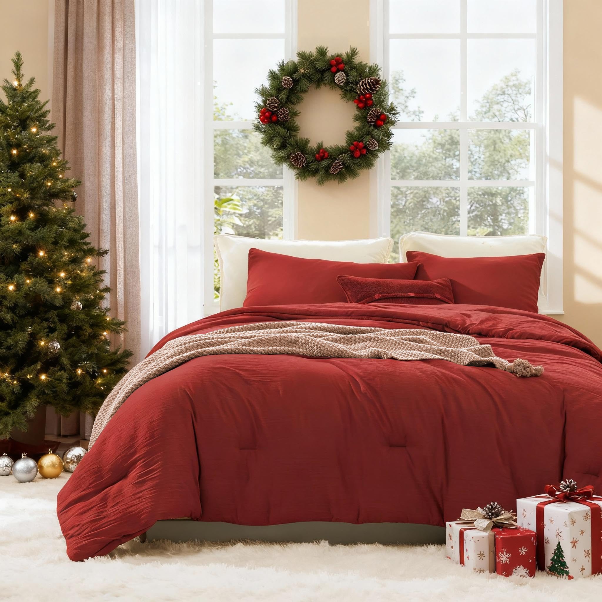 WRENSONGE King Size Comforter Set - 3 Pieces Bright Red Comforter Prewashed Soft Lightweight for All Seasons,Fluffy Down Alternative Comforter King Size with 2 Pillow Shams Image