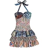 WDIRARA Women's Paisley Floral Boho Ruffle Layered Halter Dress Twist Front Tie Backless A Line Mini Dresses