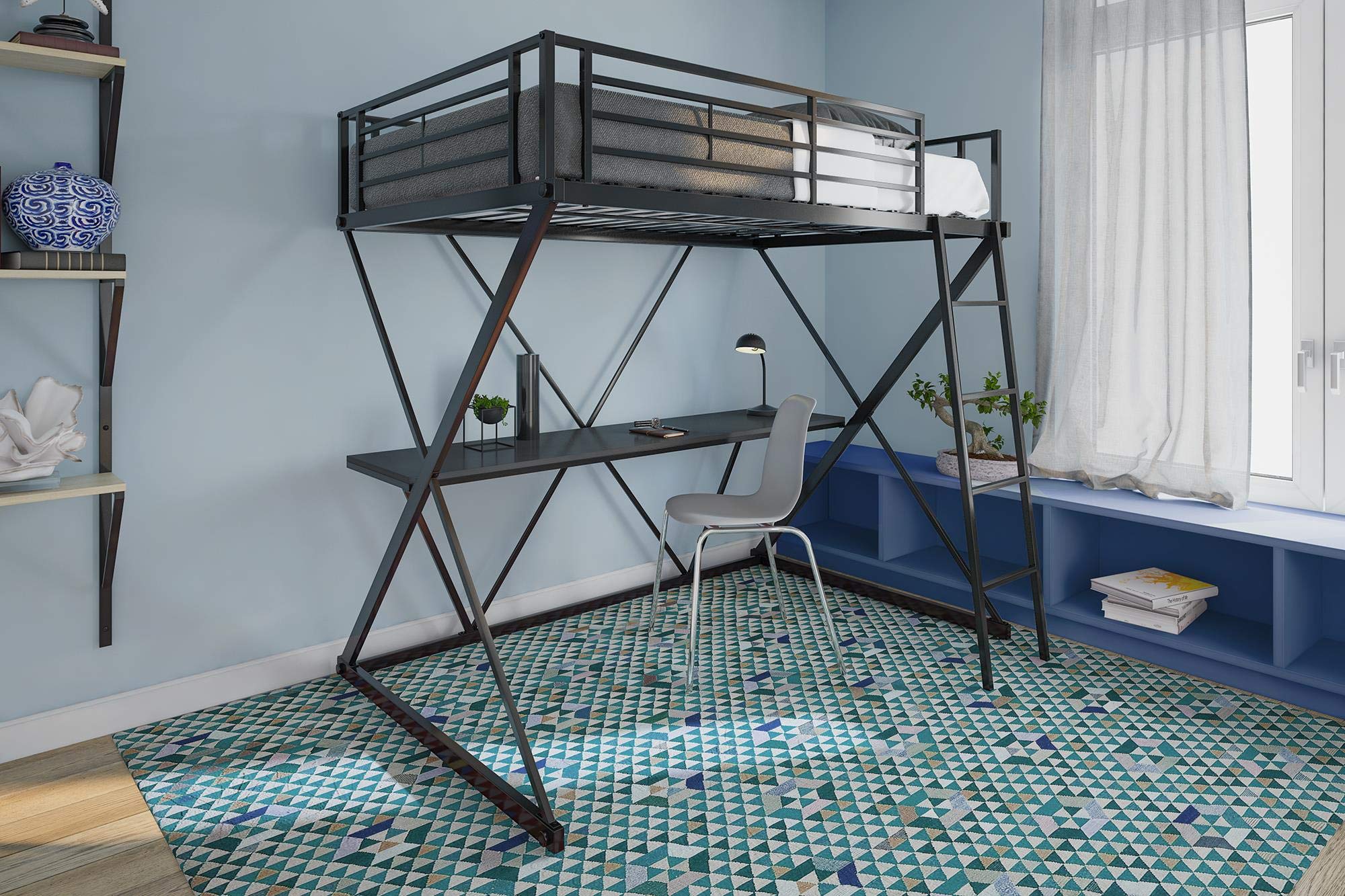 DHP XLoft Metal Bunk Bed Frame with Desk Space Saving Design Twin