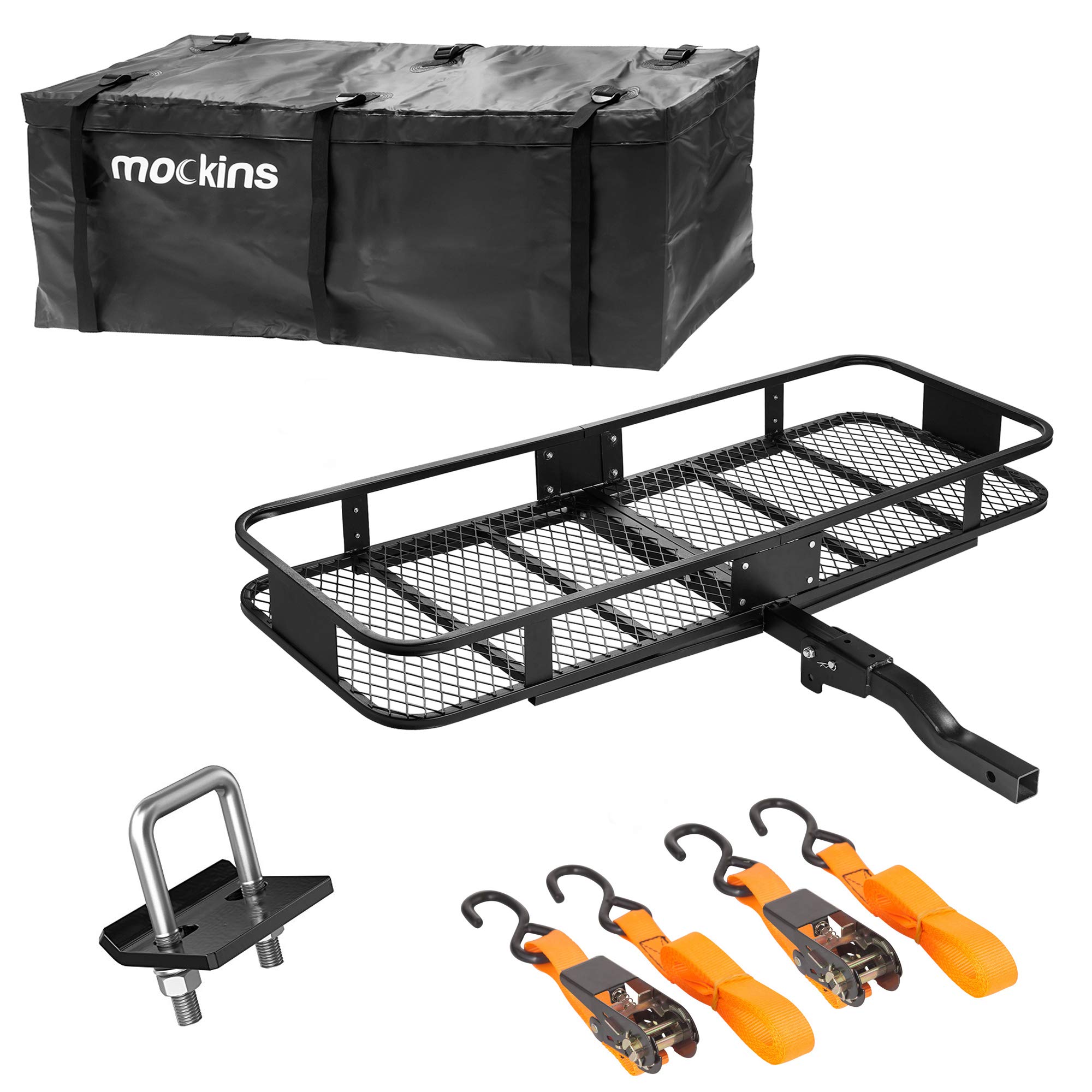 Mockins Hitch Mount Cargo Carrier | The Steel Cargo Basket is 60" Long X 20" Wide X 6" Tall A Hauling Weight Capacity 500 Lbs A Folding Shank to Preserve Space When Not in Use