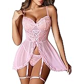 Avidlove Lingerie for Women Lace Babydoll Open Front Nightgown Mesh Chemise with Garter Belts