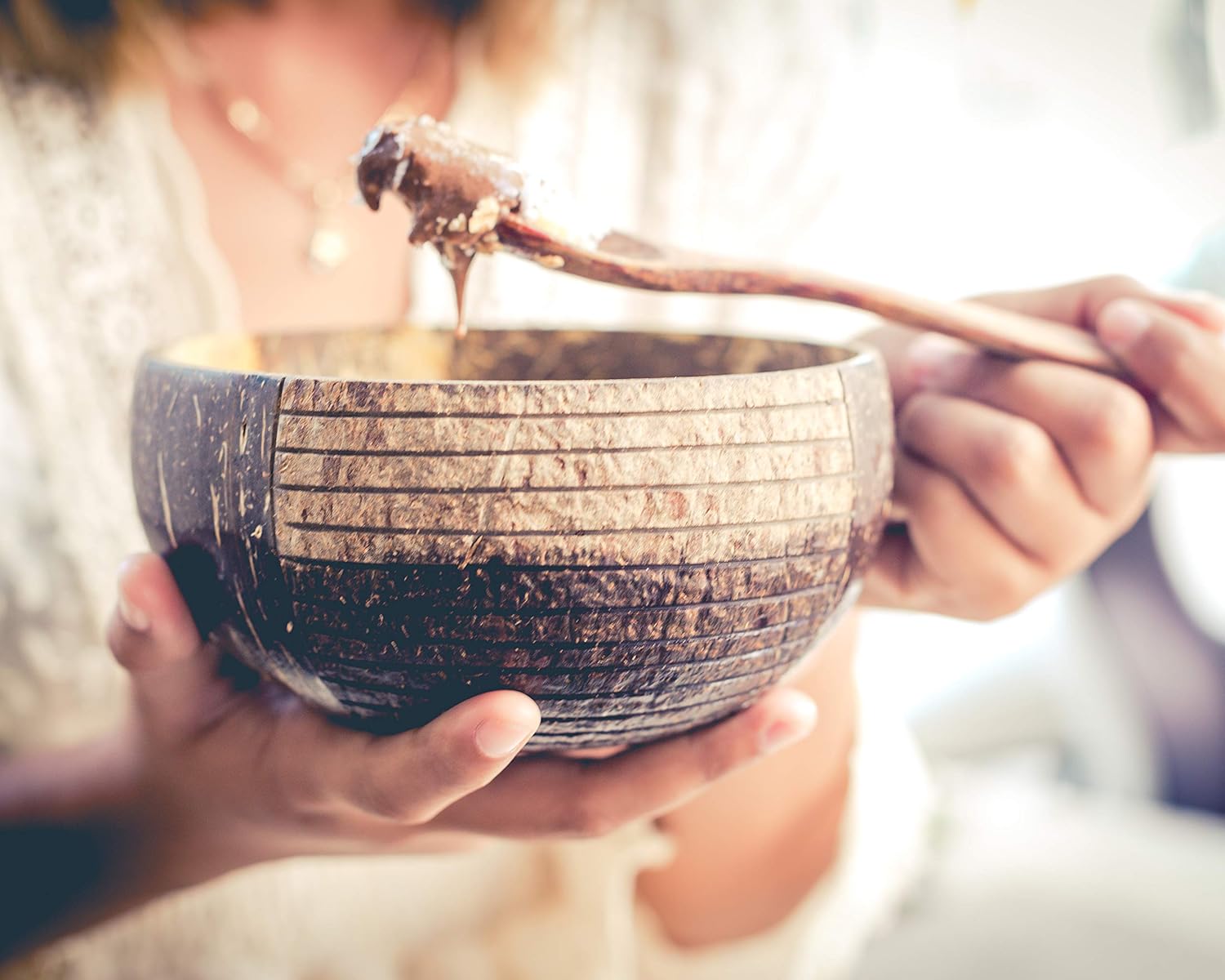 Jungle Culture® Set of 2 Coconut Bowls & Spoons • Organic Wooden Bowls Polished with Coconut Oil - Image 5