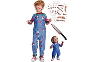 GONOSEED 【5 Sizes for 3~11Y】 Chucky Costume for Kids Toddler Jumpsuit Long Sleeve Rainbow Shirt Scar Tattoos Prop Knife