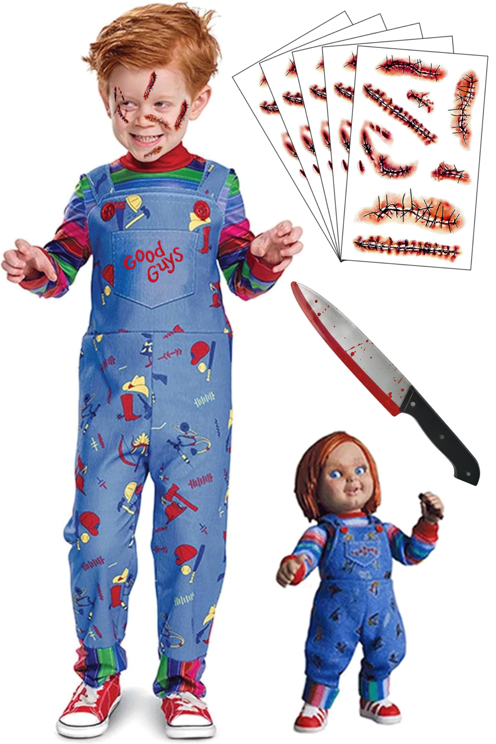 Photo 1 of ?5 Sizes for 2~13Y?Halloween Chucky Costume for Kids Toddler Jumpsuit Long Sleeve Rainbow Shirt Scar Tattoos Prop Knife - XS Size