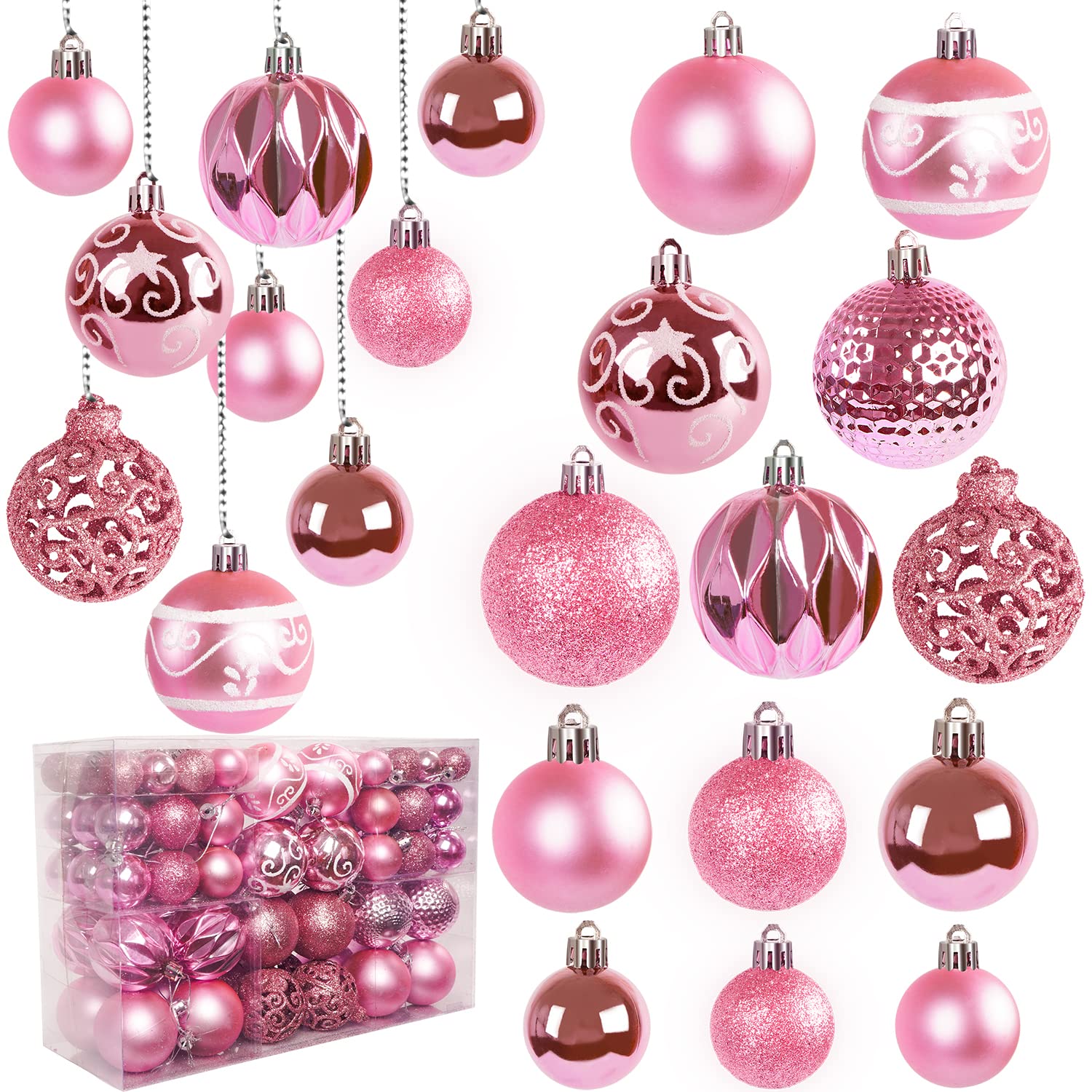 Ywlake 100Pcs Christmas Ball Ornaments for Christmas Tree Decoraion Baubles Shatterproof Balls Hanging Ornaments for Xmas Holiday Party Home Decorations (Pink)