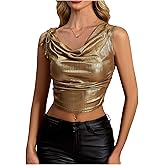 winkbay Women's Metallic Cowl Neck Tank Top Ruched Tie Front Sleeveless Party Club Crop Tops