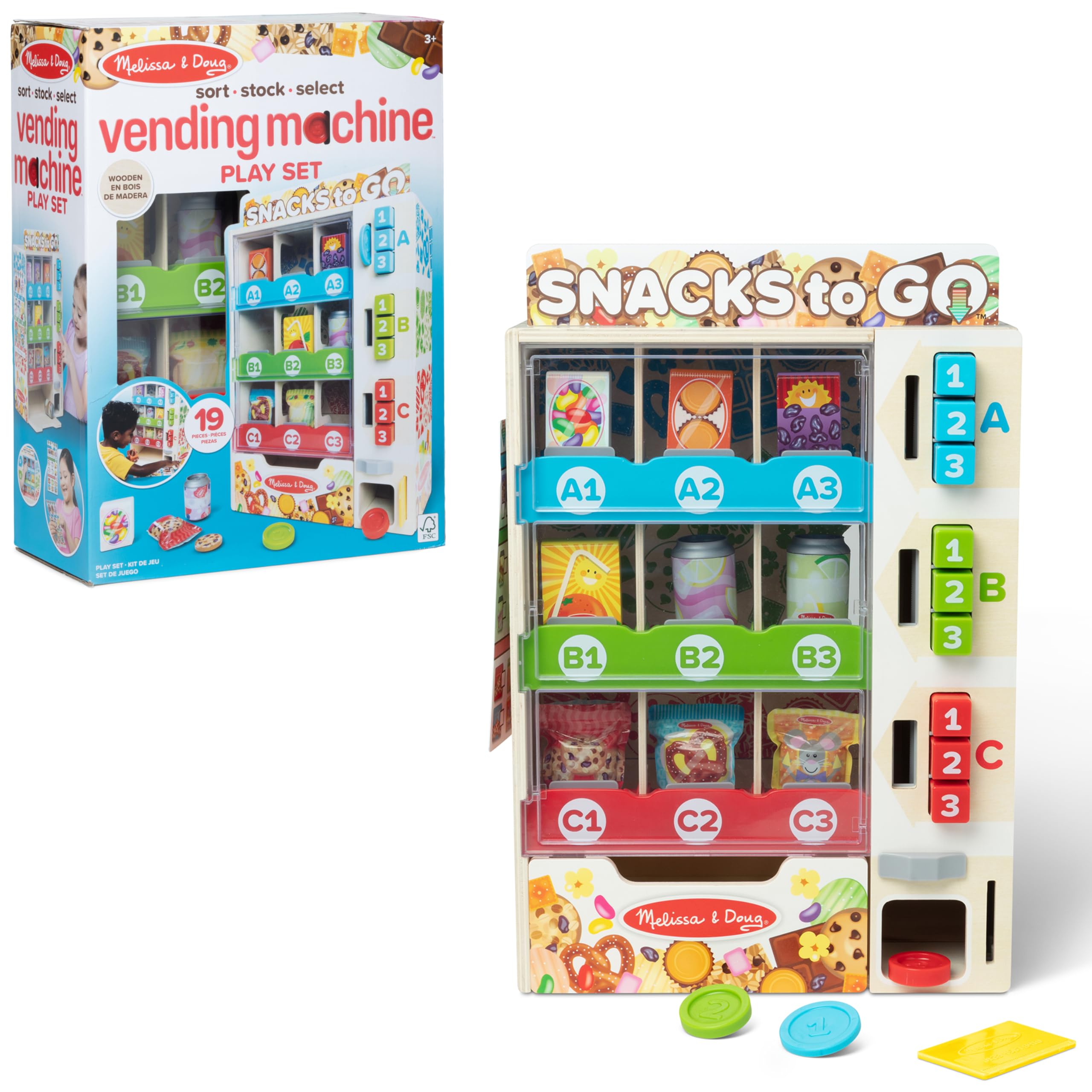 Photo 1 of Melissa & Doug Sort-Stock-Select Wooden Vending Machine Toy with Play Food, Mini Vending Machine Toys & Play Money, Preschool Toys for Kids Ages 3+