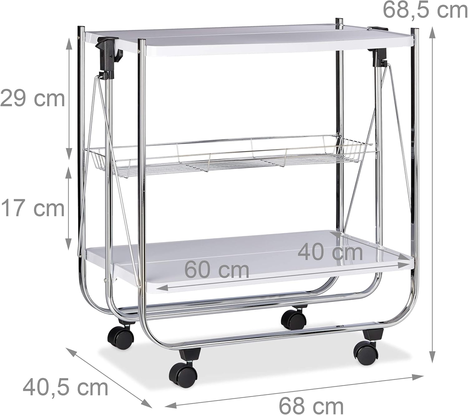 Relaxdays Foldable Serving Trolley, 4 Wheels, 2 Shelves, Basket, HxWxD: 68.5 x 68 x 40.5 cm, Kitchen Cart, White - Image 5