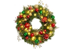 Quntis 16 Inch 40 LED Lighted Christmas Door Wreath Hanging Red Green Gold Ball Ornaments, 8 Modes Timer Function Christmas Wreath Decorations for Holiday Outdoor Indoor Front Door Wall Windows Mantle