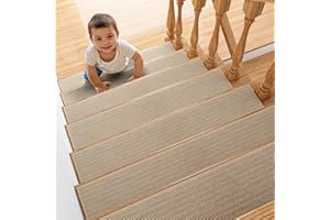 ZOMONETI 15pcs 8" x 30" Linen Non Slip Stair Carpet Treads for Wooden Steps Indoor, Machine Washable Stair Runners for Kids Elders and Pets, Stair Carpet Pads for Wood Stairs, Beige