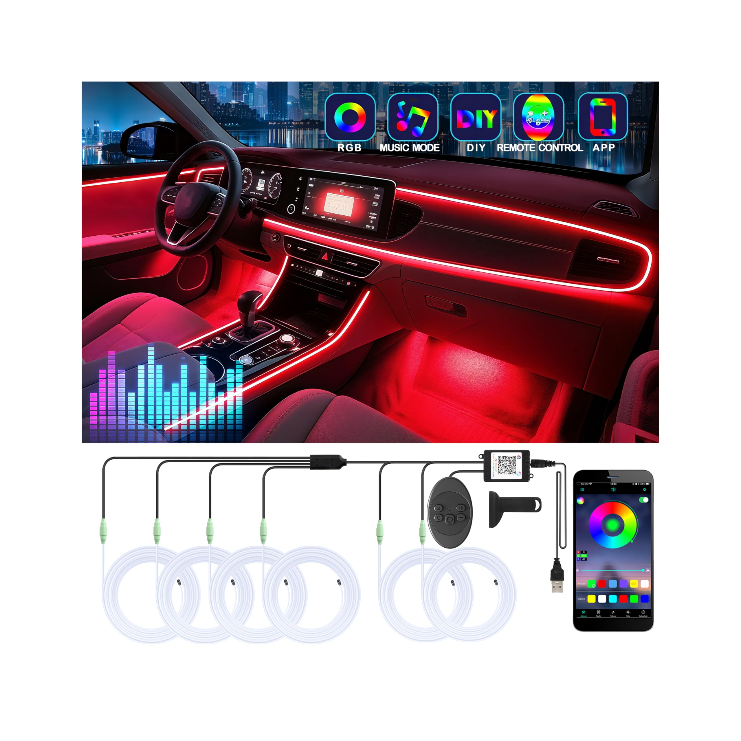 Photo 1 of 6 in 1 Car Led Strip Lights with App Control, RGB Colors Interior Car Lights, Ambient Led Lighting Kit, 4 Light Flashing Modes, USB Neon Accessories for Doors, Center Console