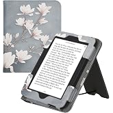 kwmobile eReader Case for Barnes &amp; Noble Nook Glowlight 4 / 4e - PU Leather Stand Cover with Hand Strap, Magnetic Closure, Auto Sleep Function, Magnolias Taupe/White/Blue Grey