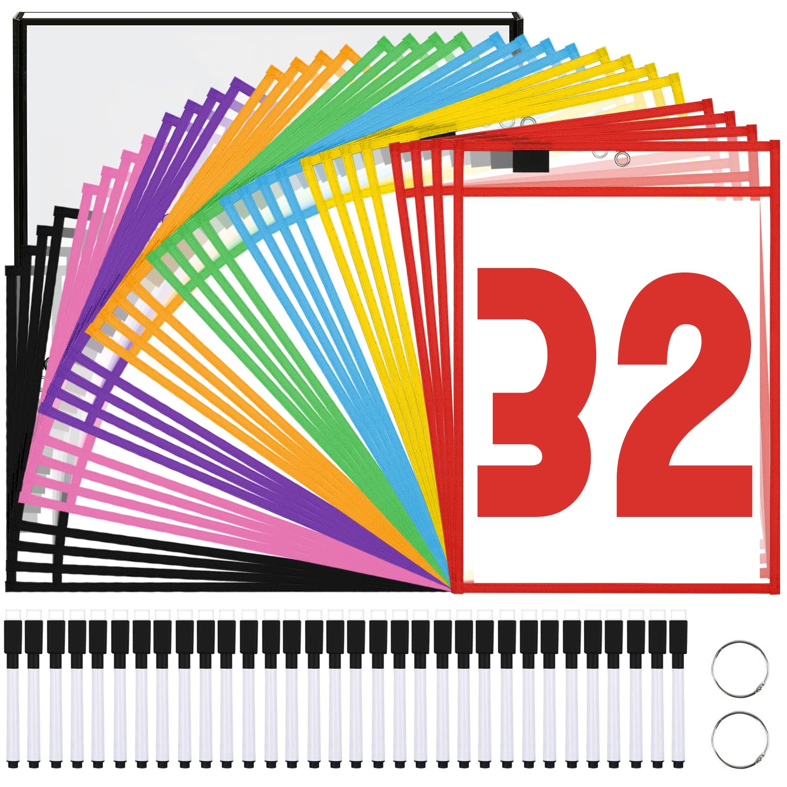 LVNRIDS 32 Pack Dry Erase Pockets Teacher Supplies, 10 x 14 Oversized Reusable Dry Erase Pocket Sleeves with 32 Erase Pens 2 Metal Rings for Paper Classroom School Office Warehouse