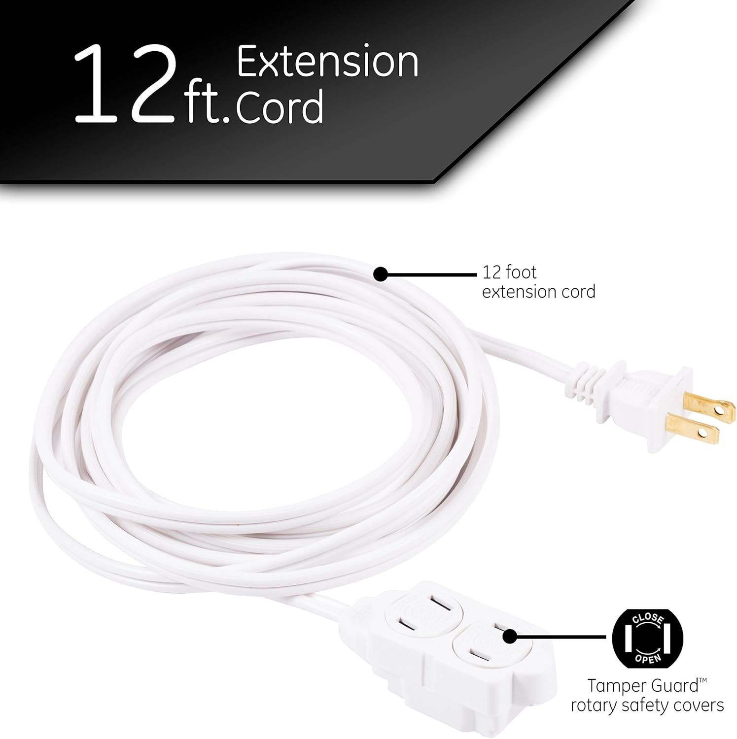 GE 12 Ft Extension Cord, 3 Outlet Power Strip, 2 Prong, 16 Gauge, Twist-to-Close Safety Outlet Covers, Indoor Rated, Perfect for Home, Office or Kitchen, UL Listed, White, 51954 - Electronics Power Cables - 