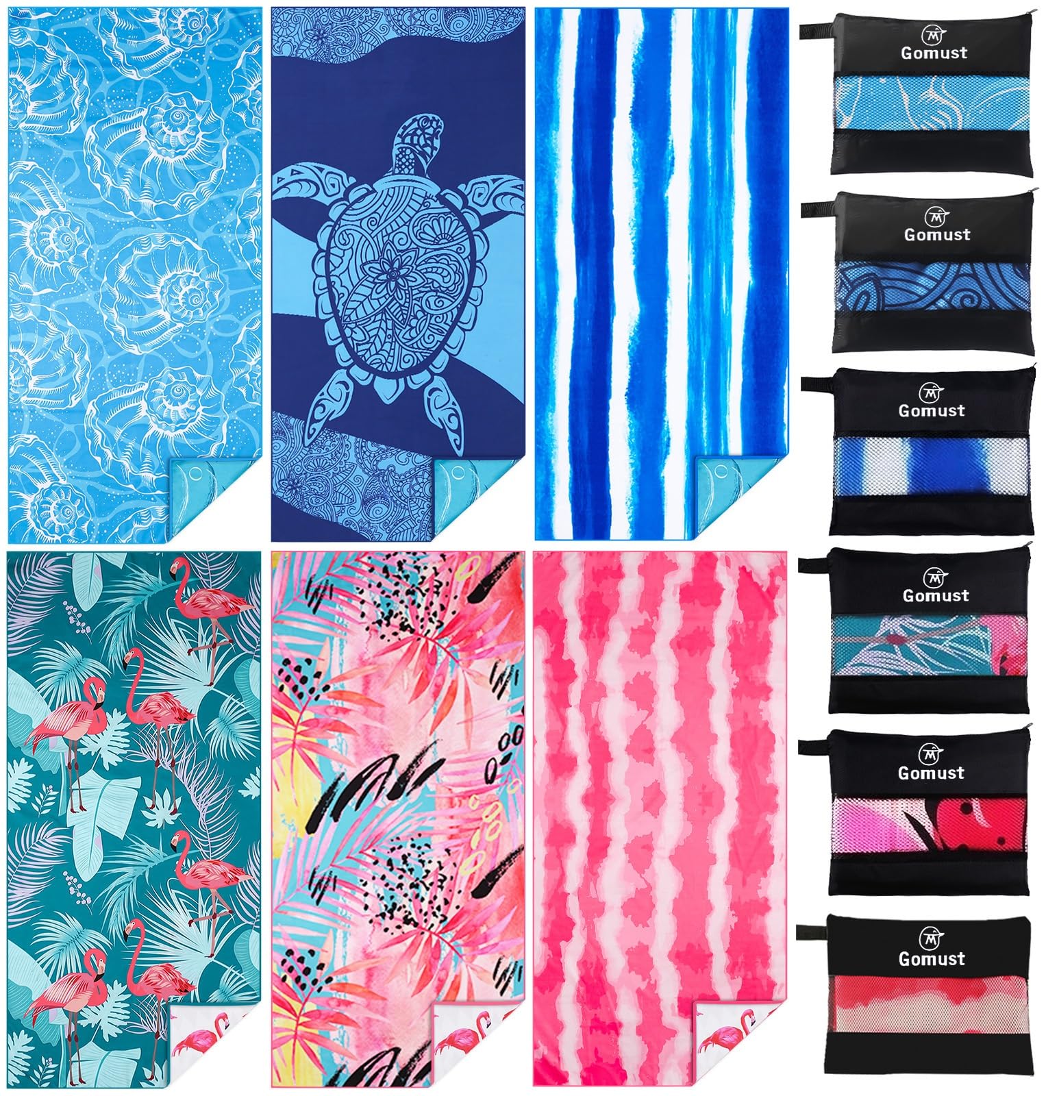 Photo 1 of 6 Pack Lightweight Thin Beach Towel Oversized 71"x32" Big Extra Large Microfiber Sand Free Towels for Adult Quick Dry Travel Camping Beach Accessories Vacation Essential Gift Turtles Shell Stripe Leaf