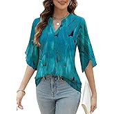 LUYAA Women's 3/4 Sleeve Blouses Tops V Neck Casual Dressy Double Layers Mesh Loose Fit Tunic Shirts