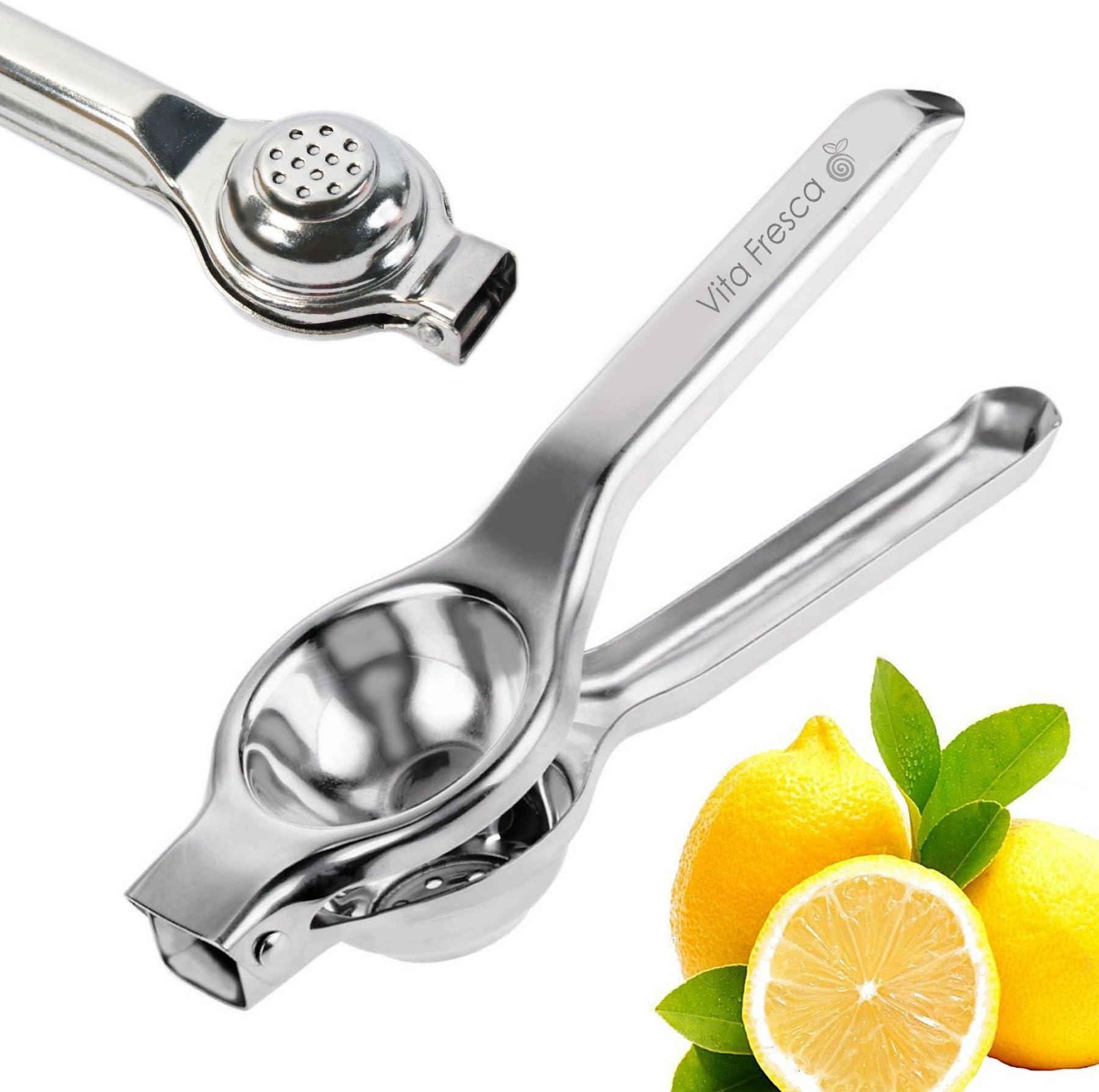 Fresh-Press Manual Lemon Press! Medium Citrus Juicer with Built-in Strainer, Ergonomic Handles, Solid Stainless Steel & Brushed Finish. Squeeze Every Drop of Juice From Lemons, Limes, & Citrus Fruit. Chefs Quality Kitchen Gadget Makes a Great Gift!