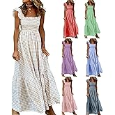 ATALRPOU Flowy Ruffle Maxi Dresses for Women Sleeveless Smocked Tube Long Sundresses Gingham Spring Dresses for Women 2026