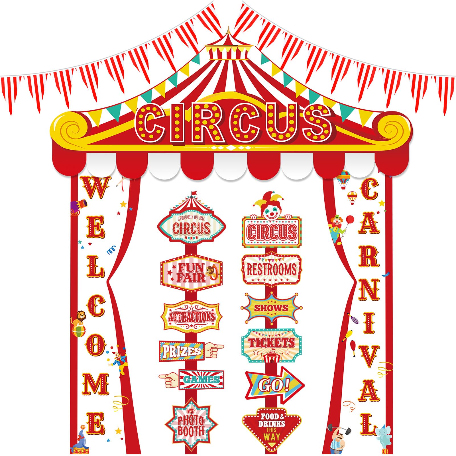 Photo 1 of Fullhawl 16 Pcs Circus Party Tent Decorations Circus Door Banners Carnival Awning Hanging Banner Clown Directional Signs Welcome Decoration for Carnival Theme Birthday Party Supplies Decor