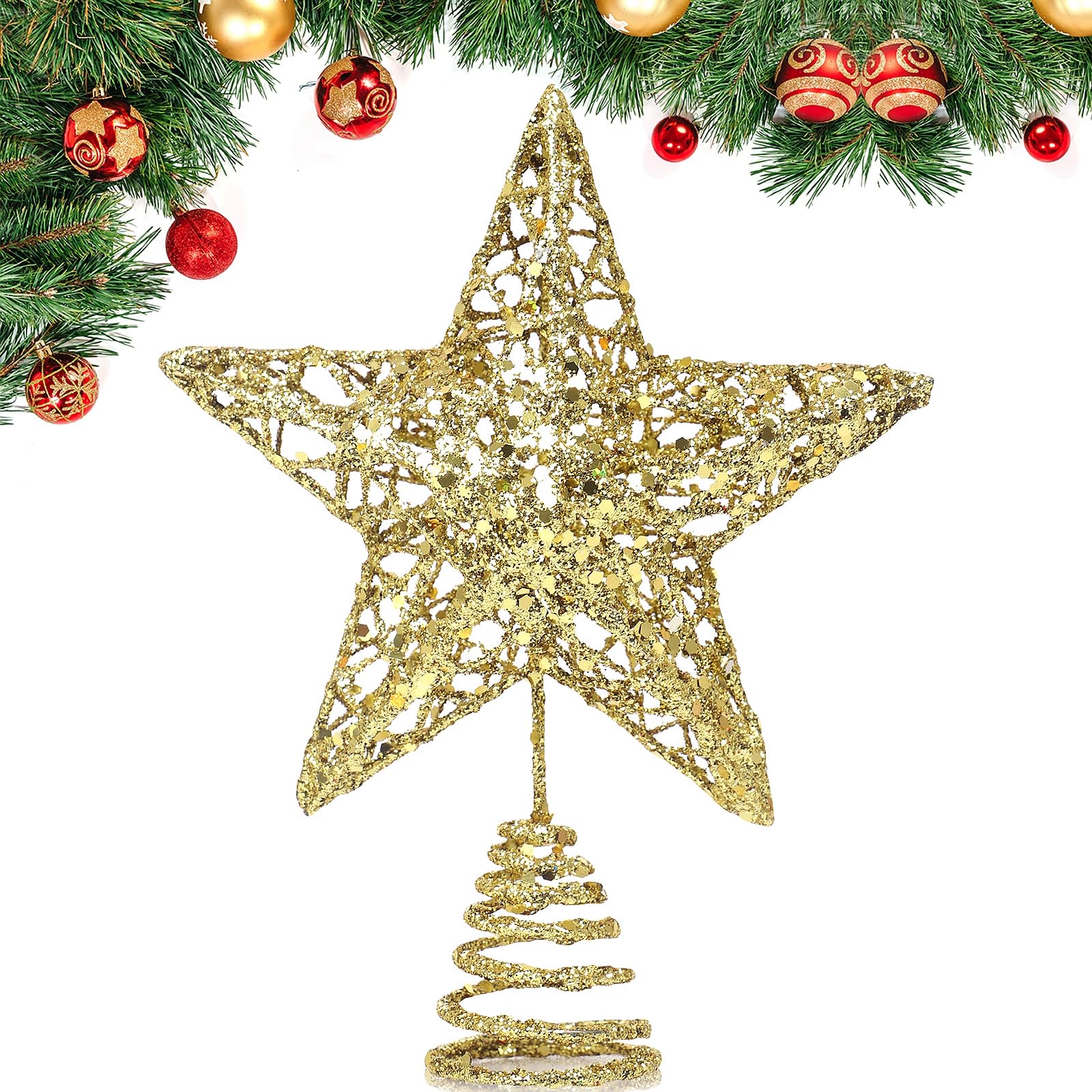 GXFCING Christmas Tree Topper, Gold Glitter Star for Christmas Tree, 3D Metal Hollow Tree Top Star for Xmas Tree Topper, Christmas Home Decorations, 8 Inch