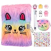 HOMICOZY Cat Diary with Lock and Keys for Girls,Plush Secret Journal for Kids with 160 Lined Pages,Hardcover Fluffy Locking Notebook for Writing and Drawing,Cute Fuzzy Stationary Gifts for Girls Ages