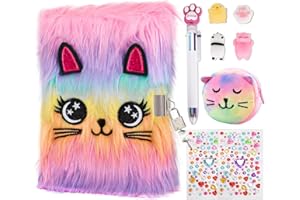 HOMICOZY Cat Diary with Lock and Keys for Girls,Plush Secret Journal for Kids with 160 Lined Pages,Hardcover Fluffy Locking Notebook for Writing and Drawing,Cute Fuzzy Stationary Gifts for Girls Ages