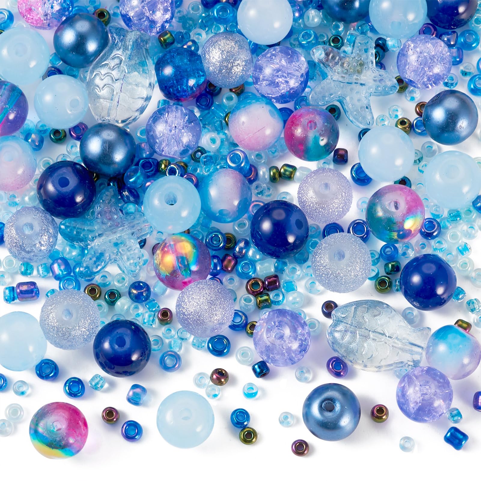 Bestewelry 2 Bags Blue Ocean Theme Glass Beads, 500-700 Pieces, Round & Starfish & Fish & Rondelle, Mixed Style, Crystal, DIY Jewelry Making Kit