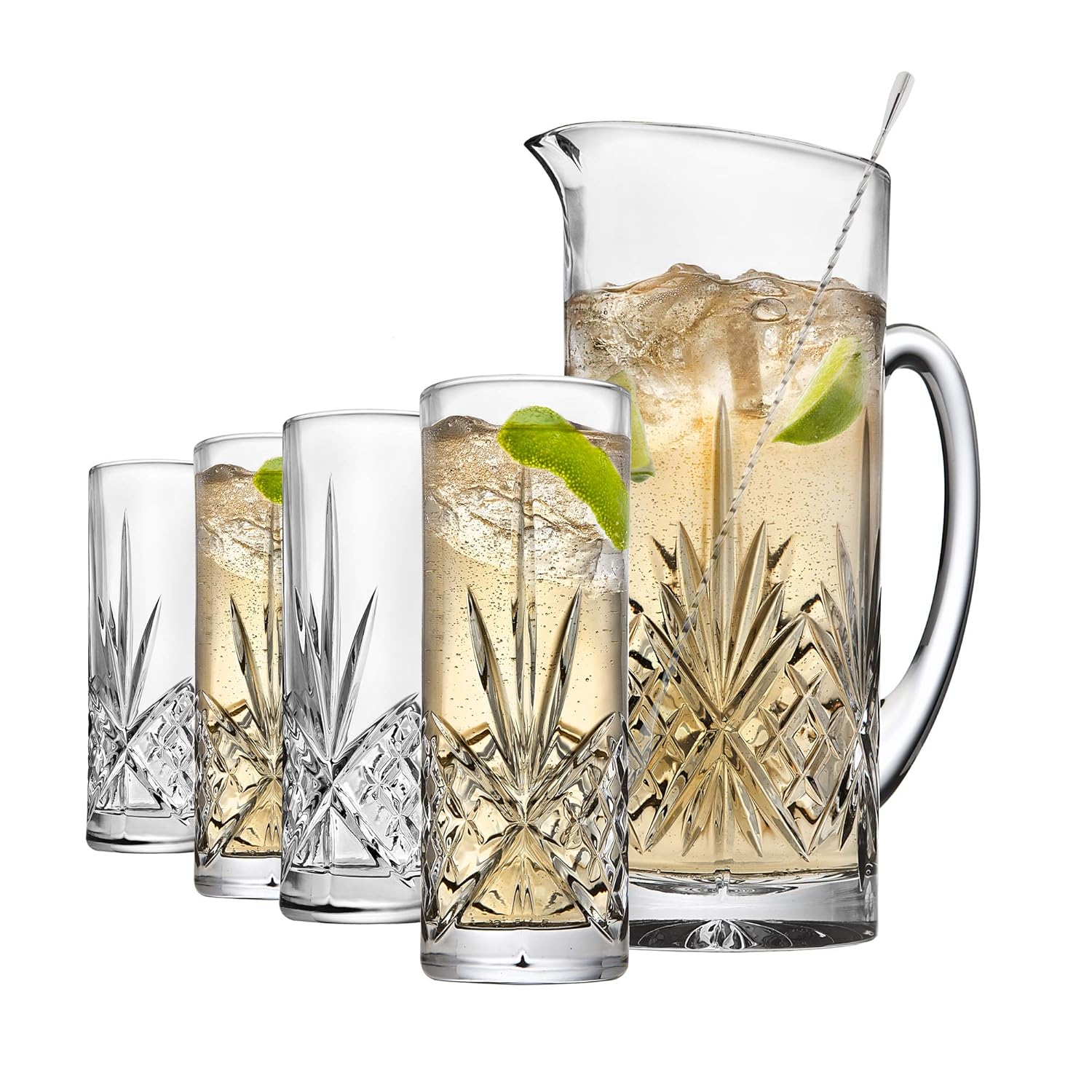 Godinger Barware Beverage Set - Mixing Pitcher Carafe, Stirrer and 4 Collins Tall Drinking Glasses - Dublin Collection