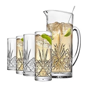 Godinger Barware Beverage Set - Mixing Pitcher Carafe, Stirrer and 4 Collins Tall Drinking Glasses - Dublin Collection
