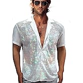 AIBEIX Mens Mesh Sequins See Through 70s Disco Long Sleeve Button Down Shirts