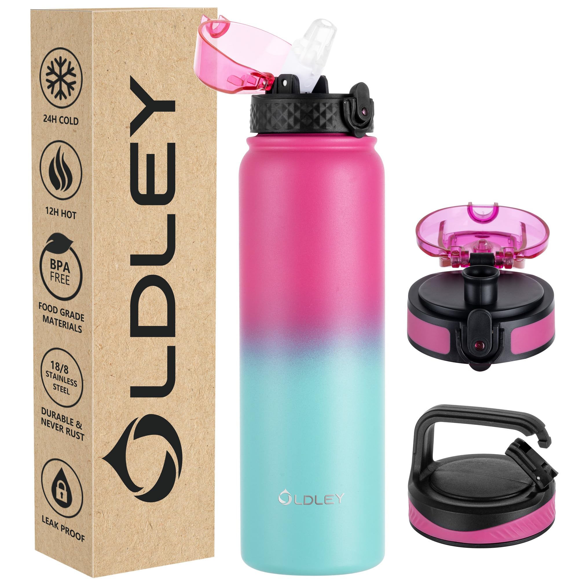 OLDLEY Stainless Steel Water Bottle with Straw 1L Vaccum Insulated Large Drink Flask Metal Water Bottles 1 Litre Leakproof Keep Drinks Hot Cold for Sports Gym with Different Lids(Rose Green, 3 Lids) — image 1