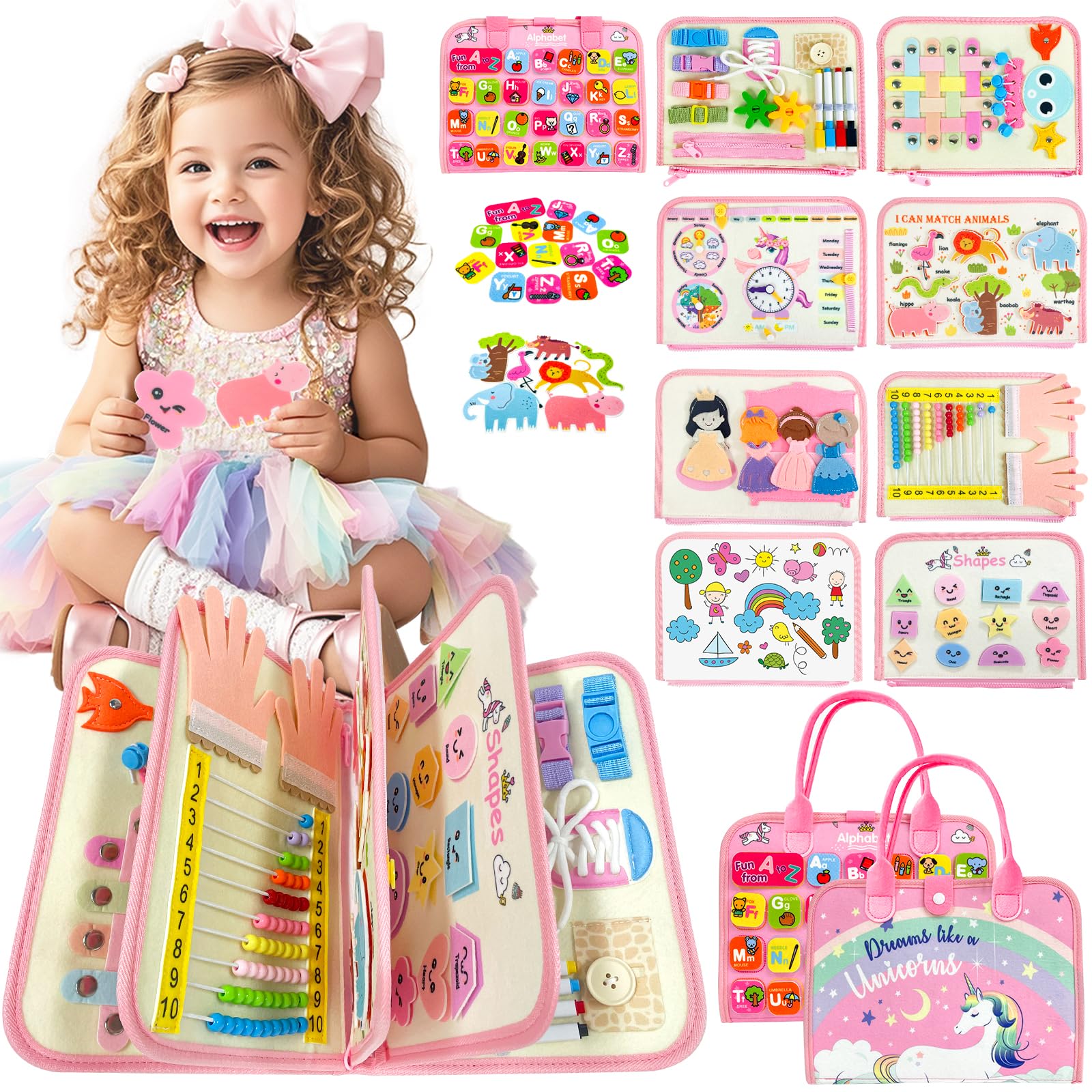 Aurasys Toddler Busy Board Montessori Toys for Girl Birthday Gift,Educational Learning Sensory Busy Book, Airplane Car Travel Activities Toy for Girl(Pink)
