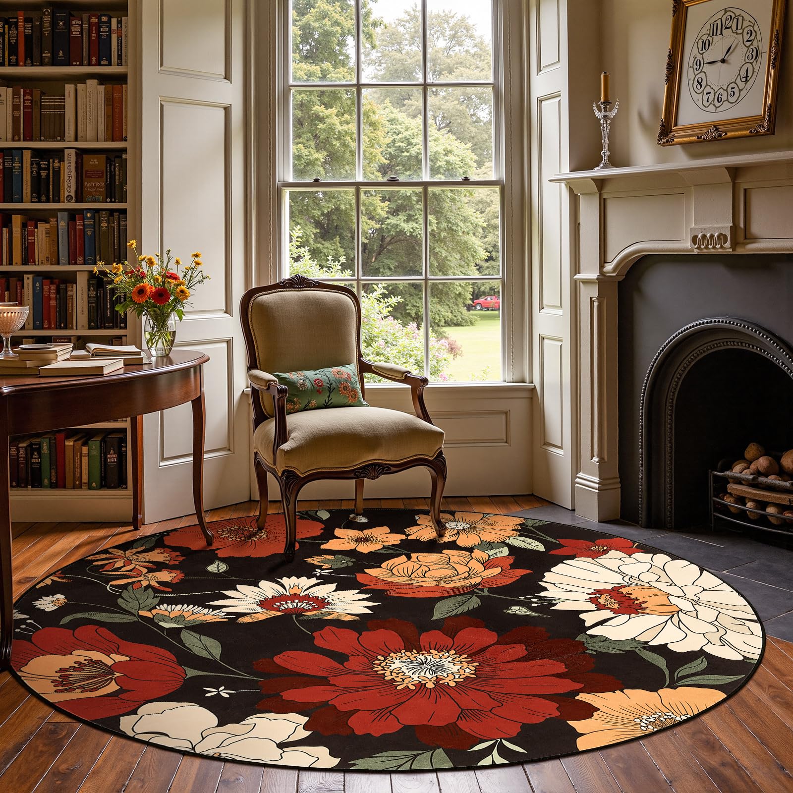 Photo 1 of jinchan Black Round Rug 7ft Vintage Floral Area Rugs for Living Room - Washable Rug Soft Non-Slip Indoor Boho Flower Print Circle 7' Round Accent Carpet for Dining Room Bedroom Home Office