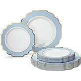" OCCASIONS " 50 Plates Pack (25 Guests)-Heavyweight Wedding Party Disposable Plastic Plate Set -(25x10.5'' Dinner + 25x8'' Salad/dessert (Imperial in White/Blue & Gold)