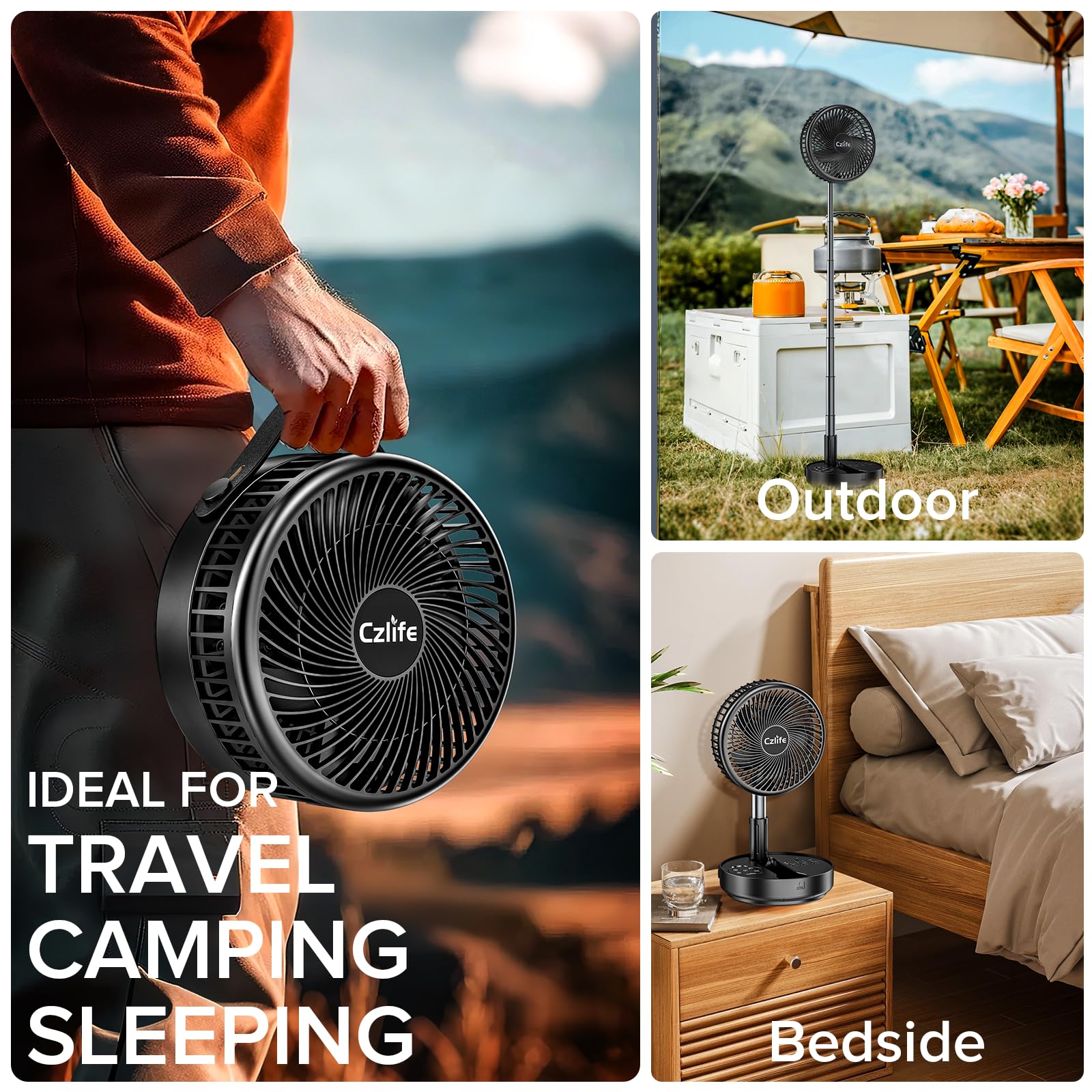 F9 Portable Fan, 10000mAh Rechargeable Battery Powered for Travel Sleeping Camping Bedroom Outdoor, Cordless Floor Desk Fan, Oscillating Folding USB Fan with Remote, 4 Speed, Timer, 7.7